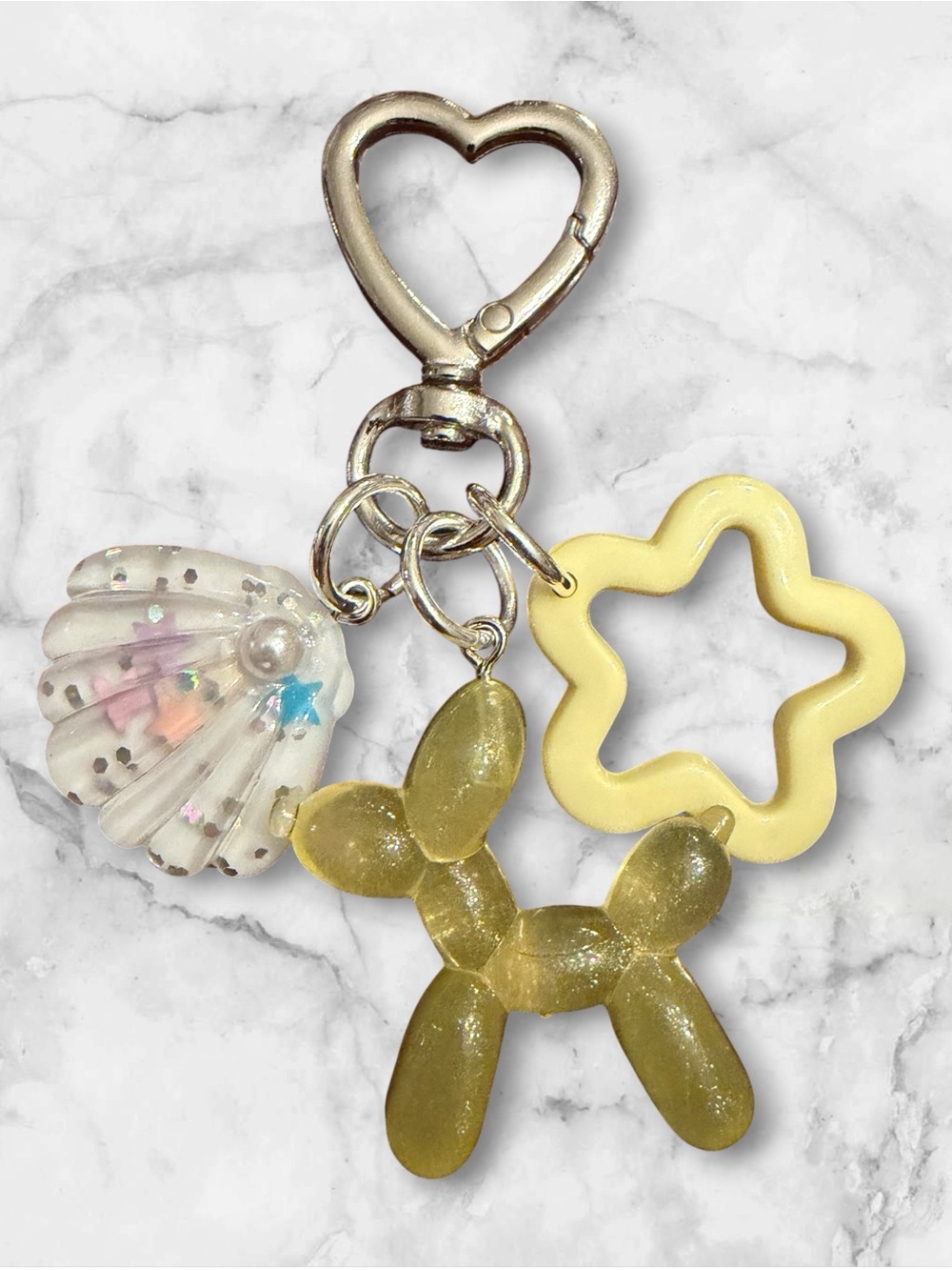 Yellow Balloon Dog & Star Charm Keychain with Iridescent Shell Accent